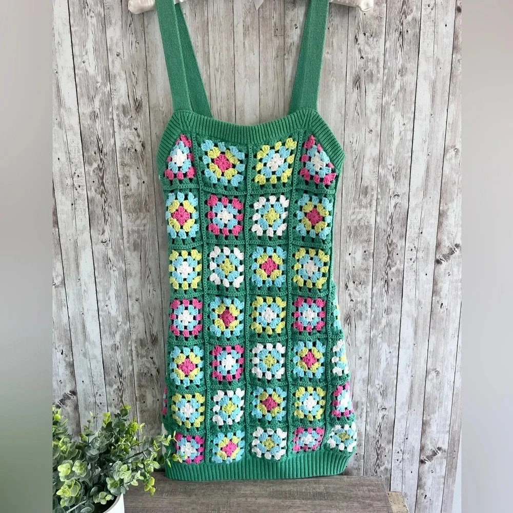 Design History Floral Grandma Square Patchwork Crochet Minidress Cottagecore Med